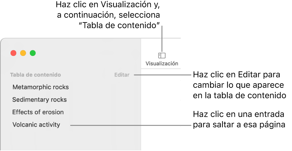 La tabla de contenido situada en el lado izquierdo de la ventana de Pages con un botón Editar en la esquina superior derecha de la barra lateral y entradas de la tabla de contenido en una lista. El botón Visualización está en la esquina superior izquierda de la barra de herramientas de Pages, encima de la barra lateral.