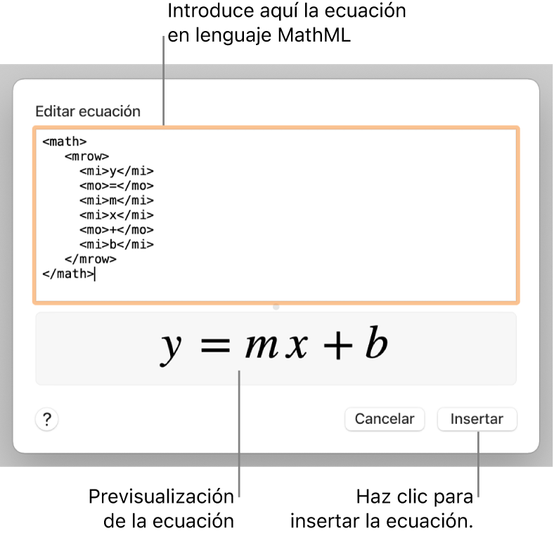 La ecuación de la pendiente de una recta en el campo “Editar ecuación” y la previsualización de la fórmula a continuación.