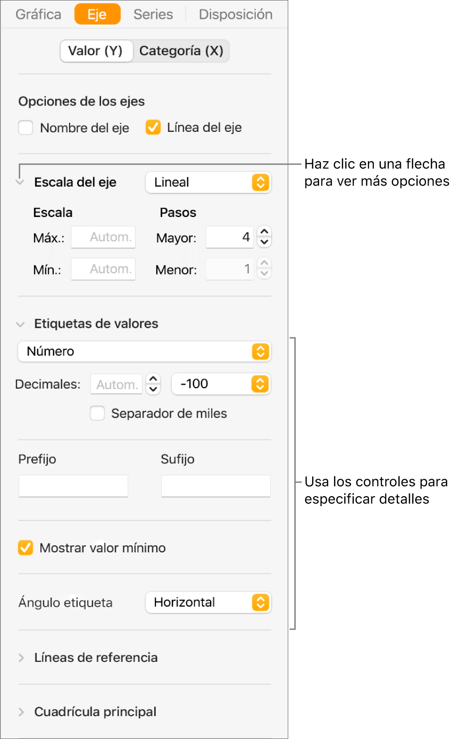 Controles para dar formato a las marcas de eje de una gráfica.