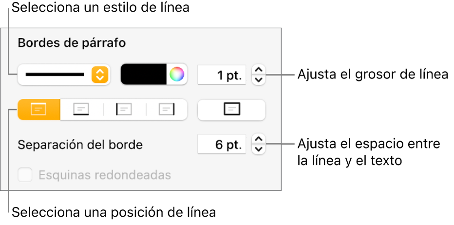 Controles para cambiar el estilo de línea, grosor, posición y color.