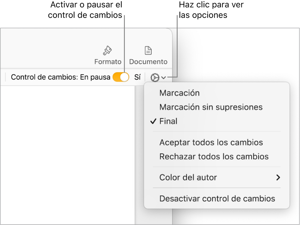 El menú de opciones de control de cambios con “Desactivar control de cambios” en la parte inferior y llamadas a “Control de cambios: Activado” y al botón “En pausa”.