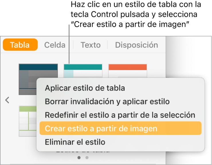 El menú de funciones rápidas de estilo de tabla.
