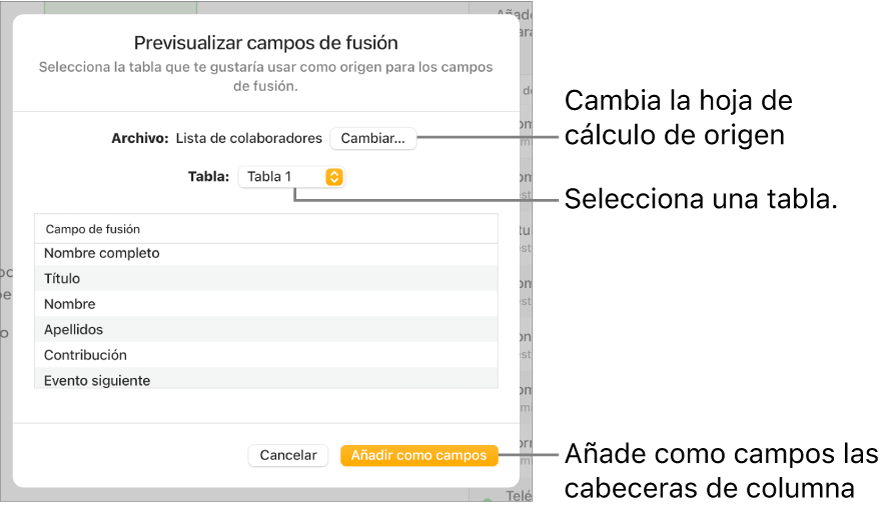 Panel de previsualización de campos de fusión abierto, con las opciones para cambiar la tabla o el archivo de origen, previsualizar los nombres del campo de fusión o añadir cabeceras de columna como campos.