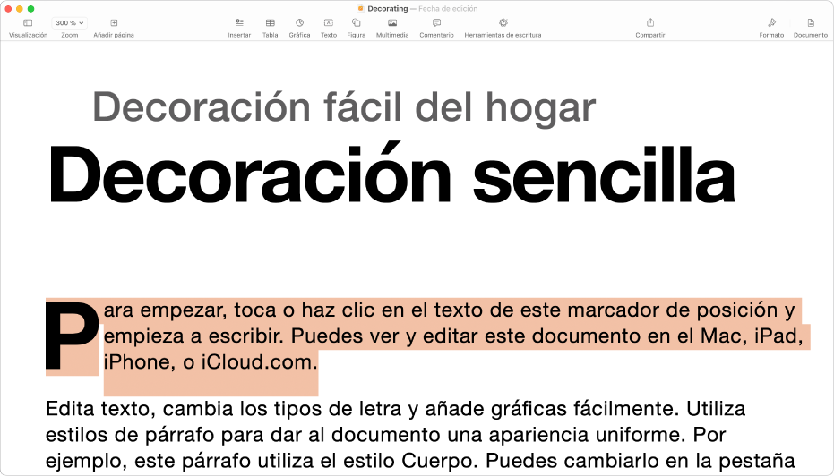 En un documento abierto con texto de marcador de posición de plantilla seleccionado.