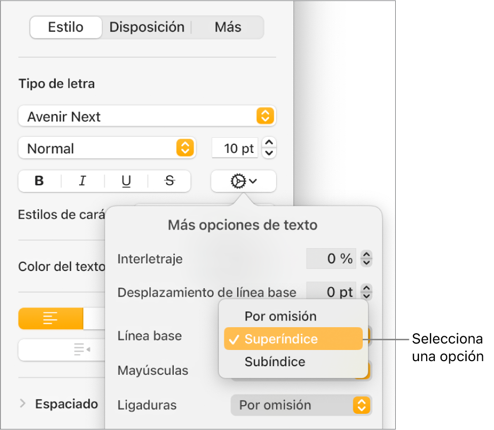 El menú “Opciones avanzadas” con el menú desplegable “Línea base” abierto por los ítems de menú “Por omisión”, Superíndice y Subíndice.