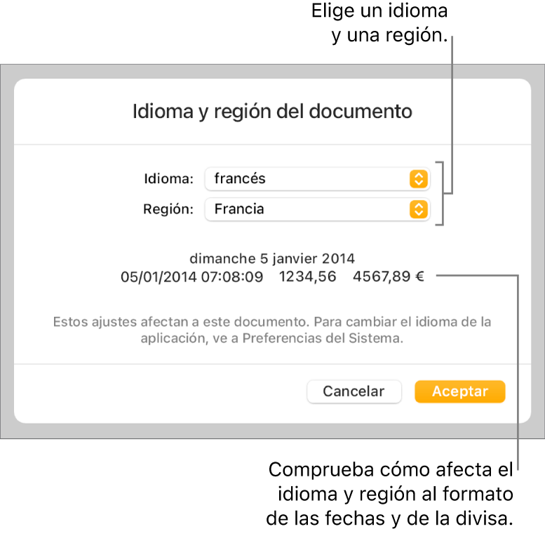Panel “Idioma y región” con controles para el idioma y la región, y un ejemplo de formato que incluye la fecha, la hora, los decimales y la divisa.