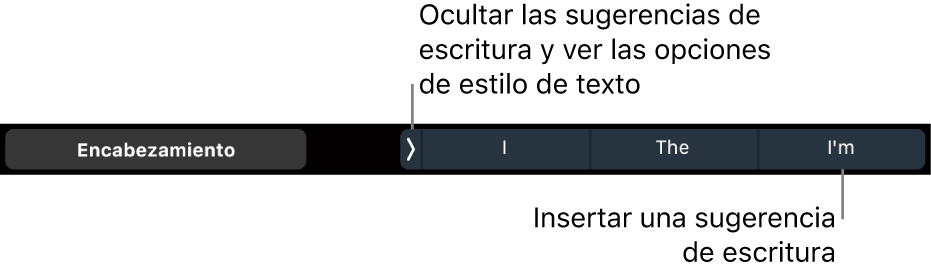 La Touch Bar del MacBook Pro con controles para elegir un estilo de texto, ocultar las sugerencias de escritura e insertar las sugerencias de escritura.