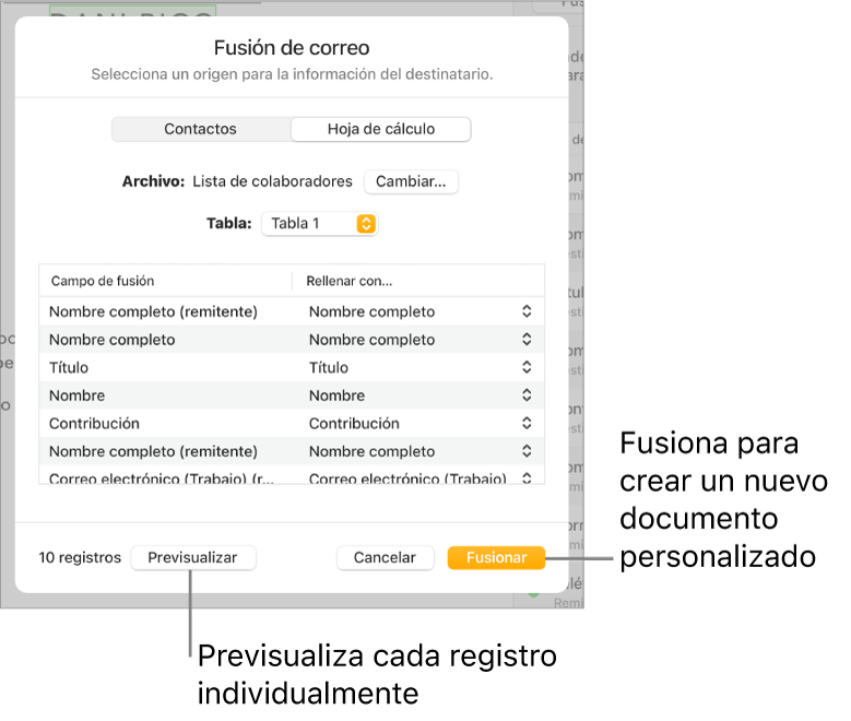 Panel de fusión de correo abierto con opciones para cambiar la tabla o el archivo de origen, previsualizar los nombres del campo de fusión o los registros individuales, o bien fusionar el documento.