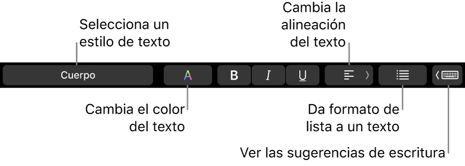 La Touch Bar del MacBook Pro con controles para elegir un estilo de texto, cambiar el color del texto, cambiar la alineación del texto, dar formato de lista al texto y mostrar las sugerencias de escritura.