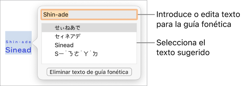 Guía fonética abierta para una palabra, con llamadas al campo de texto y al texto sugerido.