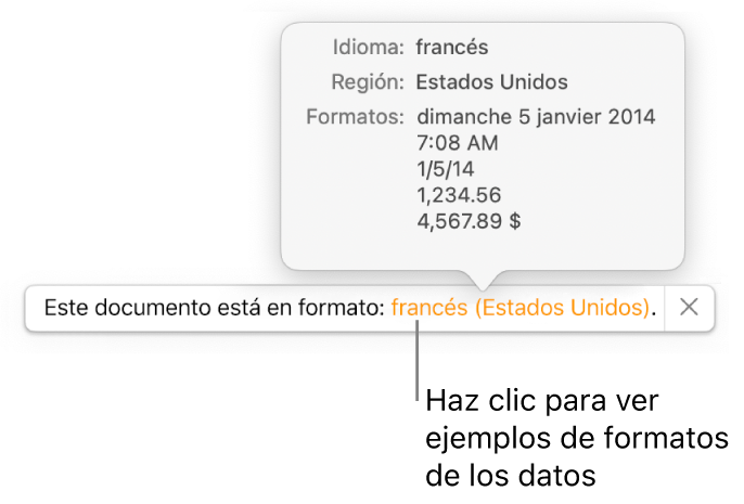 La notificación del ajuste de idioma y formato distinto, con ejemplos del formato en ese idioma y región.