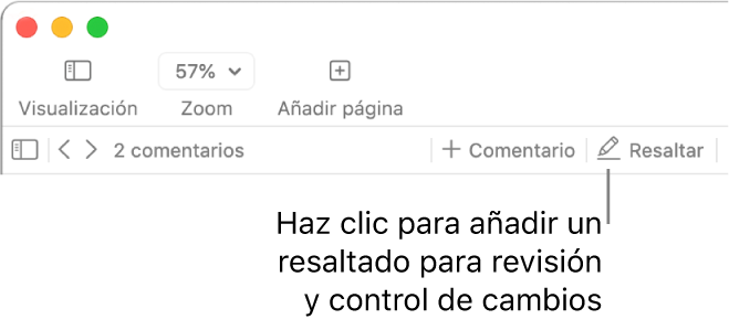 La barra de menús con el menú Insertar debajo, la barra de herramientas de Pages en la que se ven las herramientas de revisión y una llamada al botón Resaltado.
