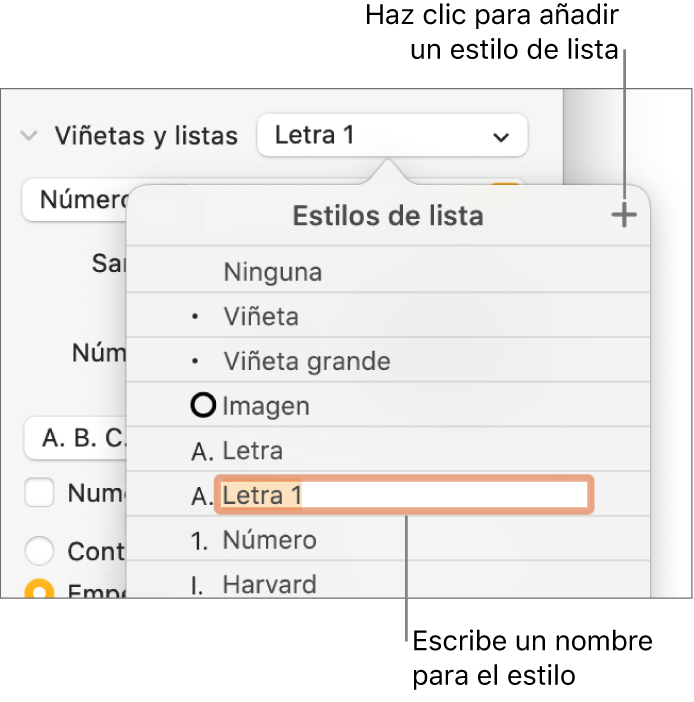 El menú desplegable “Estilos de lista” con el botón Añadir en la esquina superior derecha y un marcador de posición de nombre de estilo con su texto seleccionado.