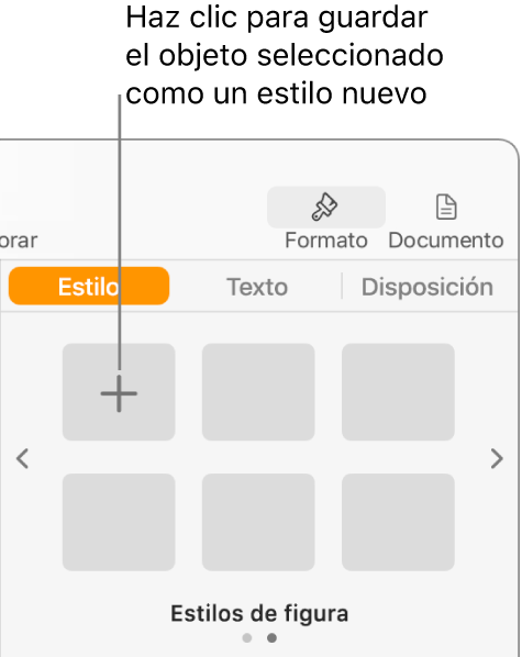 La pestaña Estilo de la barra lateral Formato con el botón “Crear estilo” en la esquina superior izquierda y cinco marcadores de posición de estilo vacíos.