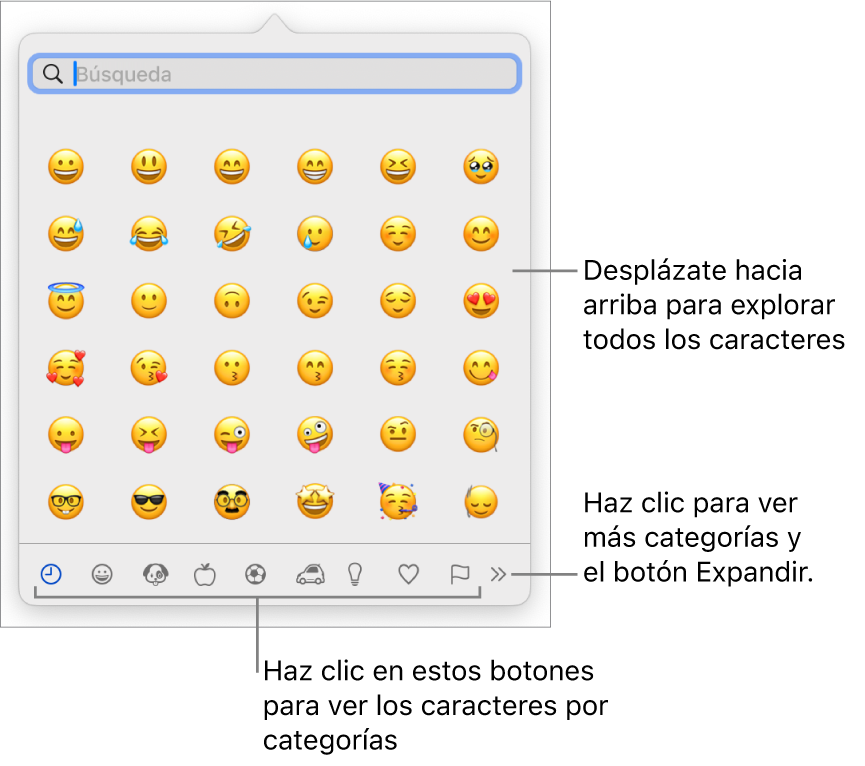 La ventana del visor de caracteres con emojis, botones para diferentes categorías de símbolos en la parte inferior y un botón para mostrar mas categorías y el botón Ampliar.