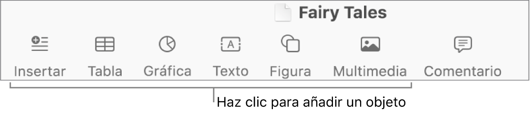La barra de herramientas con botones para añadir tablas, gráficas, texto, figuras y contenidos.