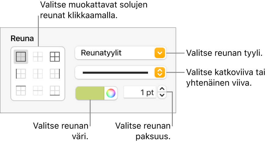 Säätimet solun reunojen tyylin asettamista varten.