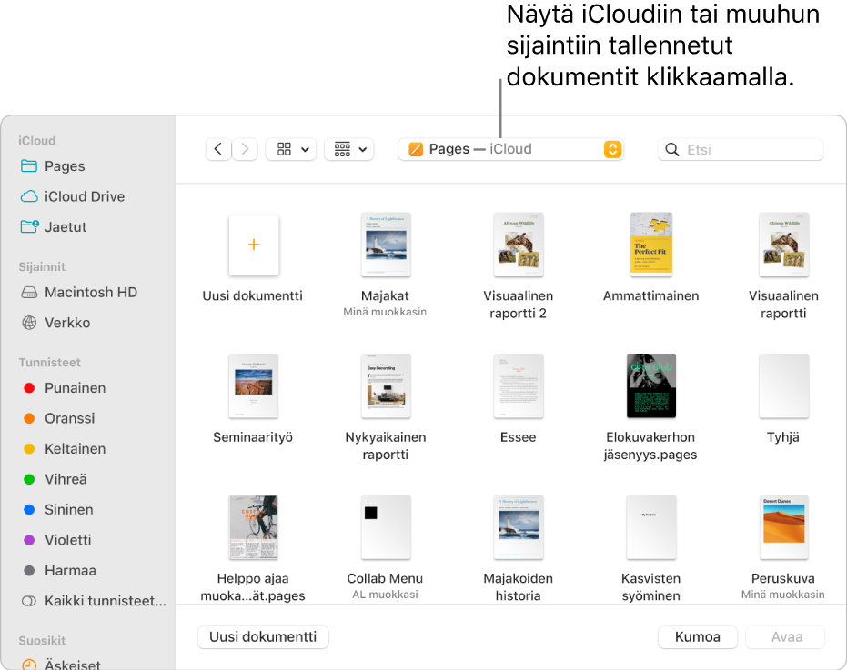 Avaa-valintaikkuna, jossa on sivupalkki avattuna vasemmalla ja iCloud Drive valittuna ponnahdusvalikossa ylhäällä. Valintaikkunassa näkyvät Keynote-, Numbers- ja Pages-kansiot sekä Uusi dokumentti ‑painike.