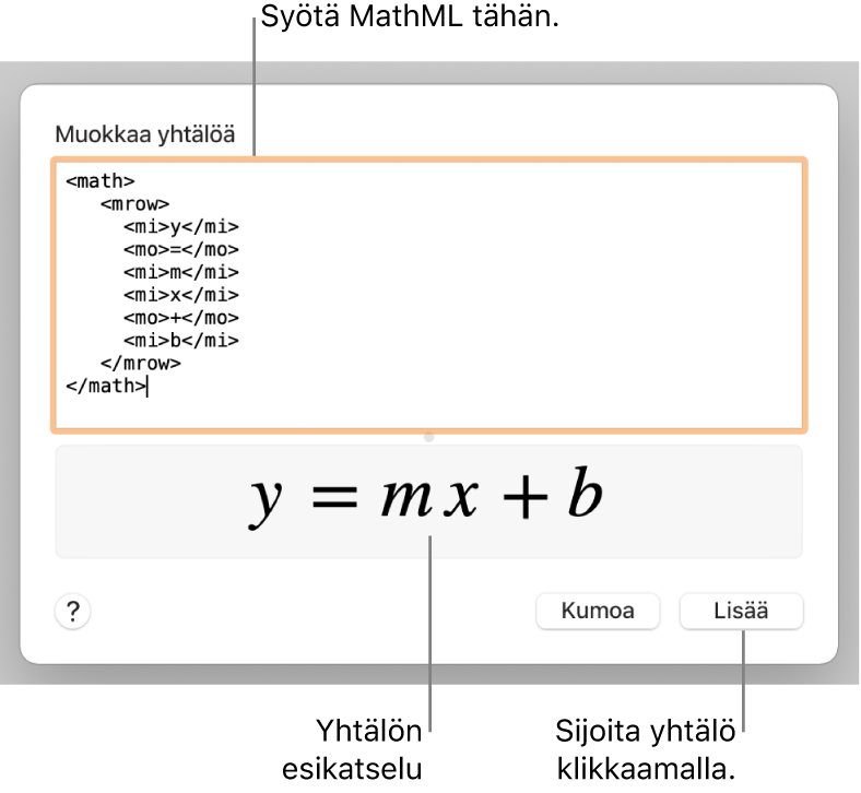 Muokkaa yhtälöä -kentässä on suoran kulmakertoimen yhtälö ja alla kaavan esikatselu.
