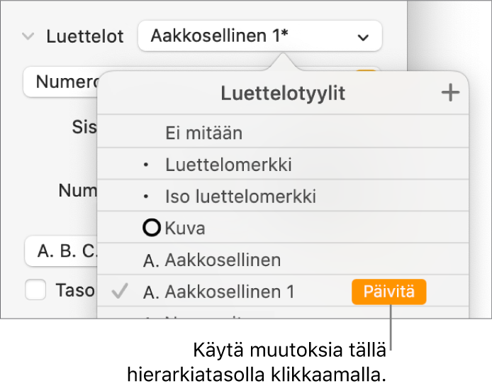 Luettelotyylit-ponnahdusvalikko, jossa uuden tyylin nimen vieressä on Päivitä-painike.