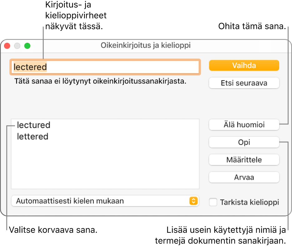 Oikeinkirjoitus ja kielioppi -ikkuna.