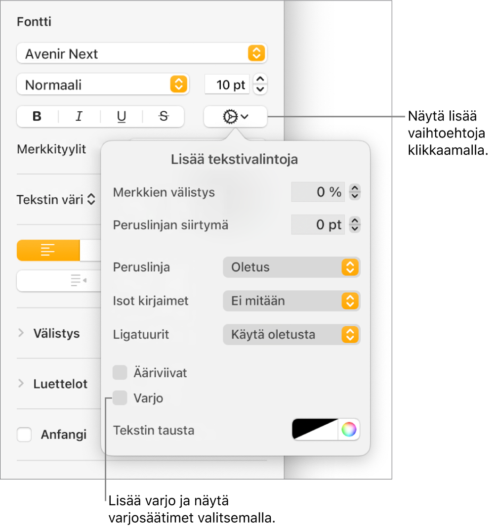 Avoinna on Lisävalinnat-valikko, jossa on valittuna Varjot-valintaneliö sekä sumennuksen, välin, peittävyyden, kulman ja värin asetukset.