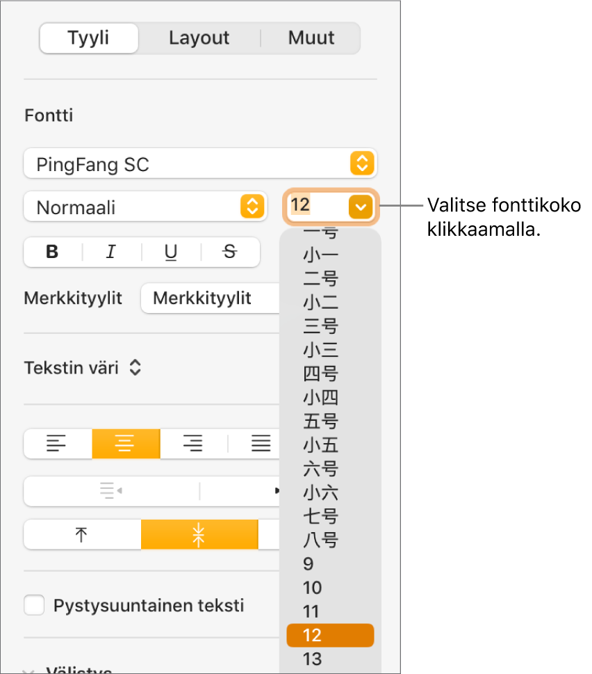 Muoto-sivupalkin Tyyli-osio, jossa on avoinna fonttikoon ponnahdusvalikko. Manner-Kiinan hallinnon standardifonttikoot näkyvät ponnahdusvalikon yläreunassa ja pistekoot niiden alla.