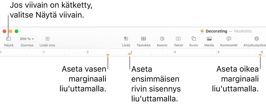 Viivain, jossa näkyy vasen marginaalisäädin ja ensimmäisen rivin sisennyksen säädin.