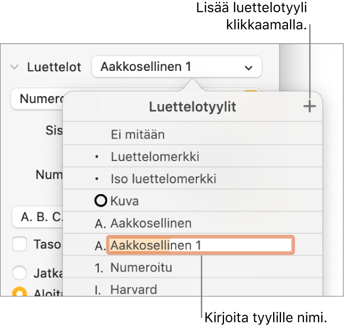 Luettelotyylit-ponnahdusvalikko, jossa oikeassa yläkulmassa on lisäyspainike ja paikanvaraajatyylin nimi, jonka teksti on valittuna.