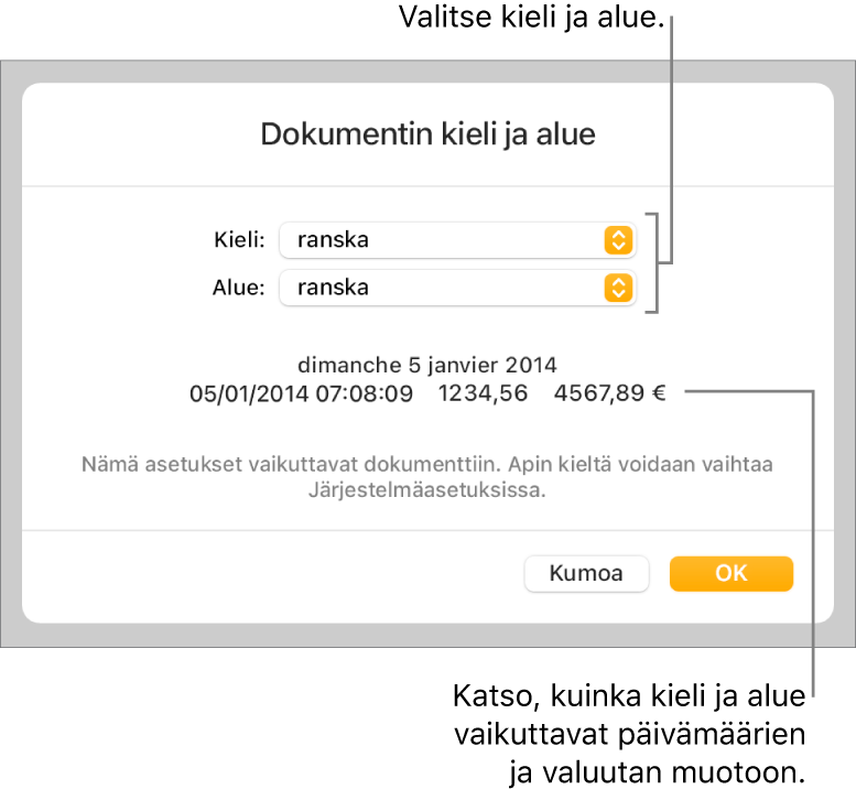 Kieli ja alue -osio, jossa näkyvät kielen ja alueen säätimet sekä muotoesimerkki päivämäärälle, kellonajalle, desimaaliluvulle ja valuutalle.