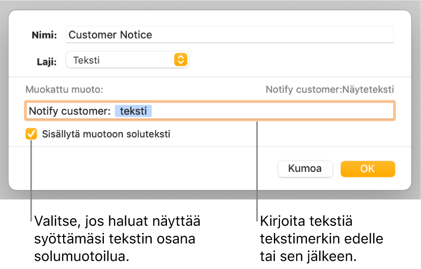 Muokatun solumuodon ikkuna, jossa on säätimiä muokattujen tekstimuotojen valitsemiseen.