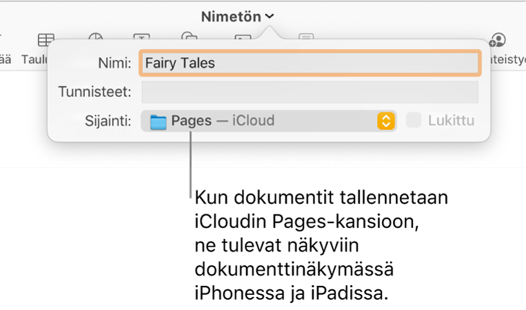 Tallenna-valintaikkuna dokumentille, jonka Missä-ponnahdusvalikossa on Pages – iCloud.