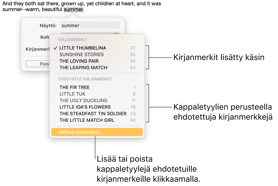 Kirjanmerkkiluettelo, jossa on ylhäällä käsin lisättyjä kirjanmerkkejä ja alhaalla ehdotettuja kirjanmerkkejä. Hallitse ehdotuksia -valinta on alareunassa.