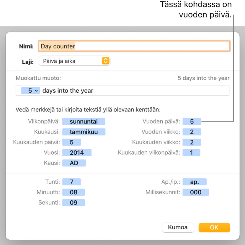 Muokatun solumuodon ikkuna, jossa on säätimiä muokattujen päivä- ja aikamuotojen valitsemiseen.