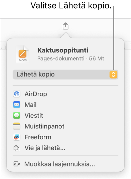 Jaa-valikko, jossa on ylhäällä valittuna Lähetä kopio.