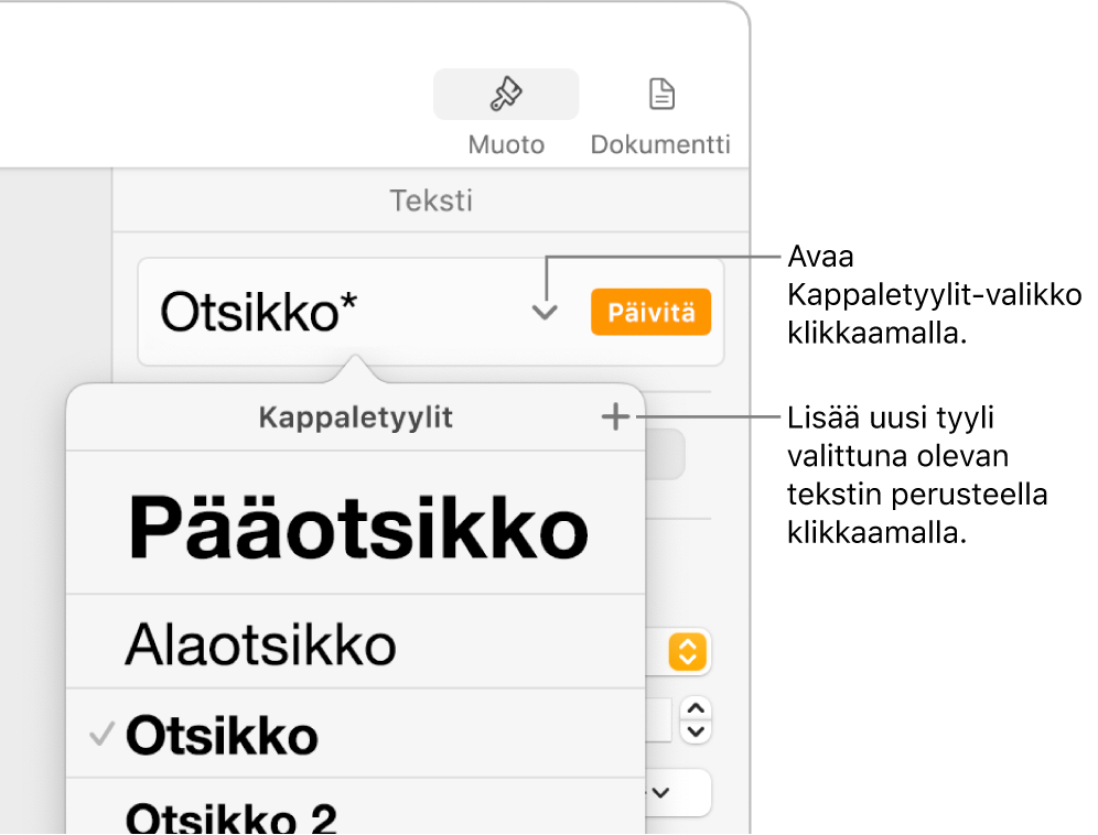Kappaletyylit-valikko, jossa on säätimiä tyylin lisäämiseen ja muuttamiseen.