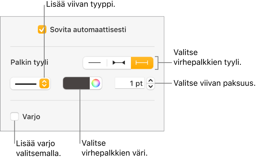 Virhepalkkien muotoilun säätimet.