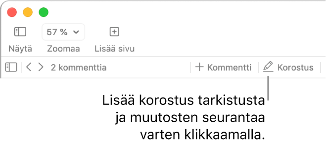 Valikkopalkki, jossa näkyy Lisää-valikko ja sen alla Pages-työkalupalkki, jossa näkyy tarkistustyökaluja ja Korosta-painikkeen selite.