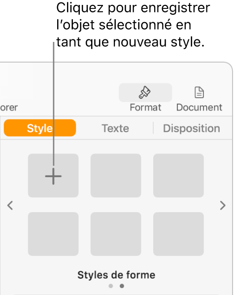 Onglet Style de la barre latérale Format avec bouton « Créer un style » dans le coin supérieur gauche et cinq paramètres fictifs de style vides.