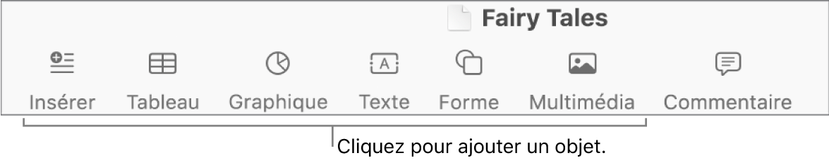 La barre d’outils avec des boutons permettant d’ajouter des tableaux, des graphiques, des zones de texte, des formes et du contenu multimédia.
