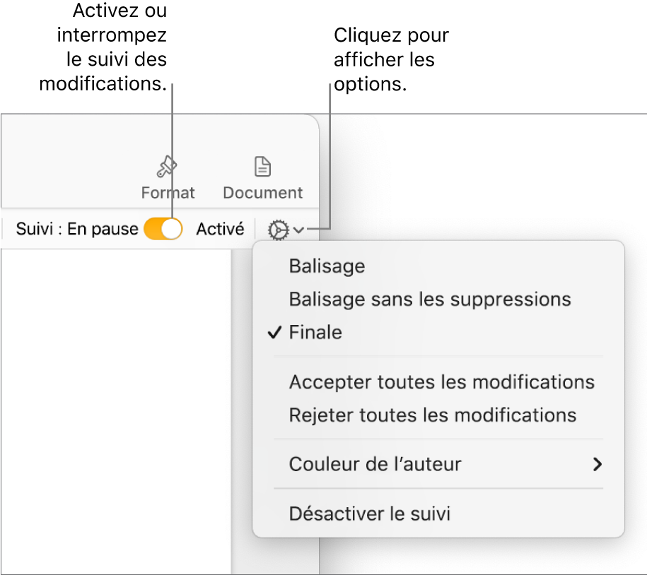 Le menu des options de suivi, avec l’option Désactiver le suivi en bas, ainsi que des légendes traitant des boutons de suivi Activé et En pause.