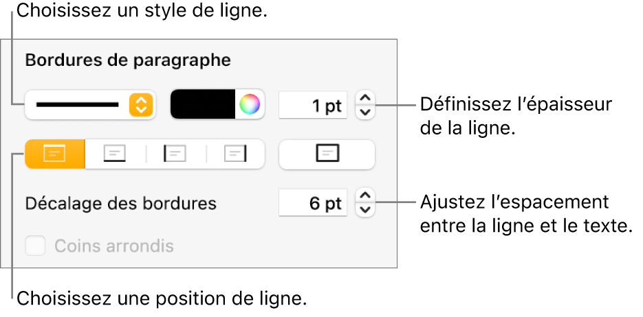 Commandes permettant de modifier le style, l’épaisseur, la position et la couleur de la ligne.