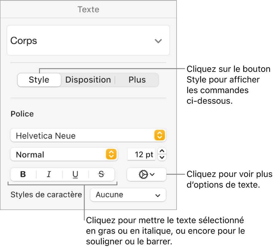 Les commandes de style de la barre latérale Format avec des légendes pour les boutons Gras, Italique, Souligné et Barré.