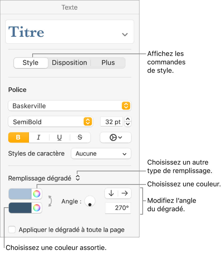 Commandes permettant de choisir des couleurs prédéfinies ou une tout autre couleur.