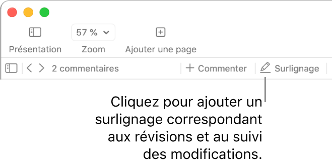 La barre des menus affichant le menu Insertion et en dessous, la barre d’outils Pages avec des outils de révision et une légende du bouton Surligner.