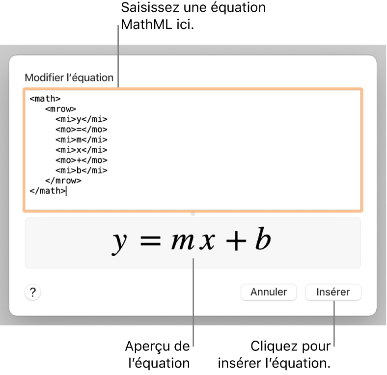 Équation de la pente d’une droite dans le champ Modifier l’équation et aperçu de la formule en dessous.