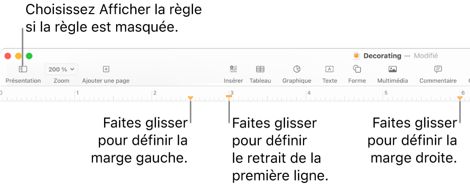 Règle présentant la commande de la marge gauche et la commande de retrait de la première ligne.