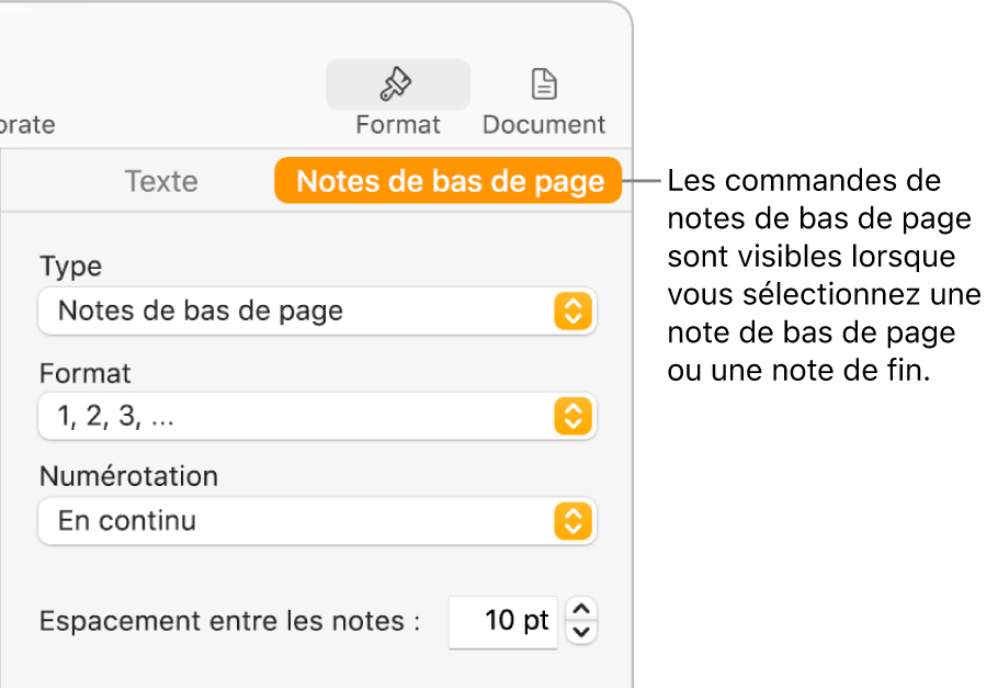 Sous-fenêtre des notes de bas de page affichant les menus contextuels Type, Format, Numérotation et Espace entre notes.