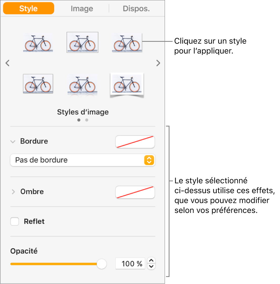 L’onglet Style de la barre latérale Format, présentant les options de style d’objet.