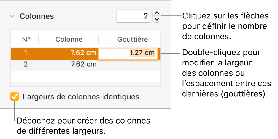 Sous-fenêtre Disposition de l’inspecteur Format, affichant les commandes de colonne.